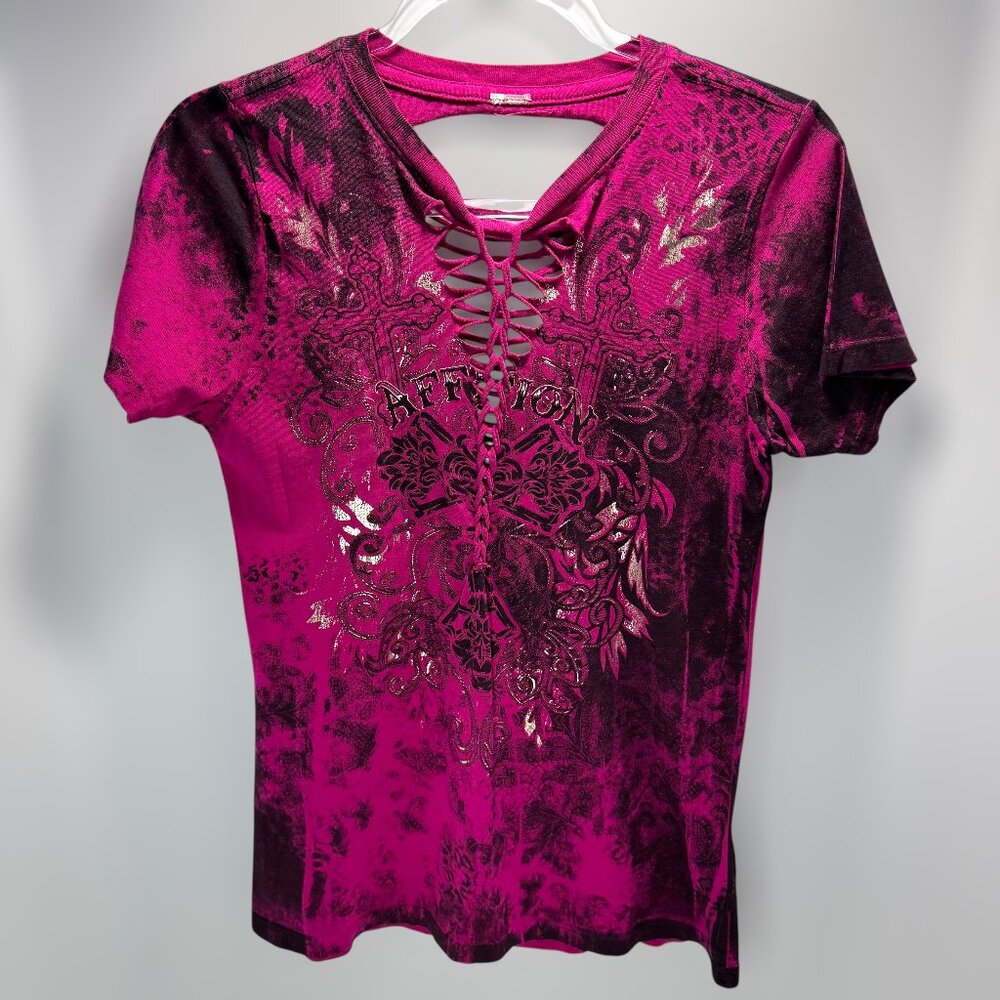 Affliction Pink Black Burnout Cross Lace-Up Cutout Back Graphic Tee